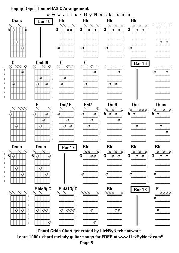 Chord Grids Chart of chord melody fingerstyle guitar song-Happy Days Theme-BASIC Arrangement,generated by LickByNeck software.